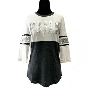 PINK Victoria’s Secret Sequin Top 3/4 Sleeve Baseball Tee White Black Size XS
